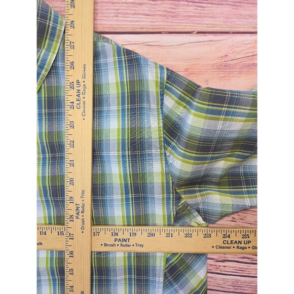 PrAna Mens Short Sleeve Button-Up Shirt Large Plaid Green & Blue Organic Cotton - Picture 8 of 8